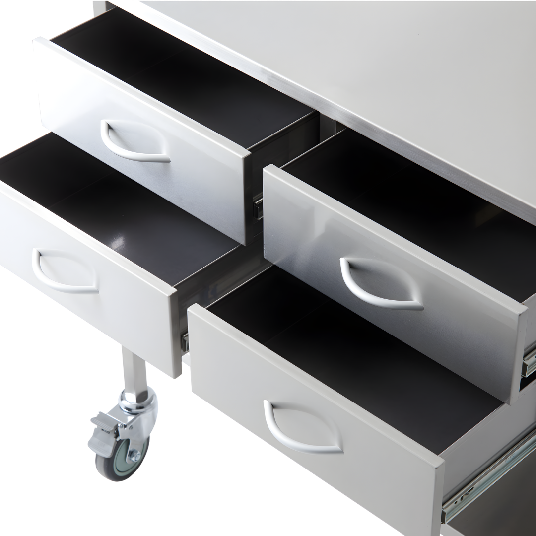 Stainless Steel Double Trolley Four Drawer Two Over Two with durable finish, organised layout and smooth mobility, ideal for hospitals, aged care and home care.