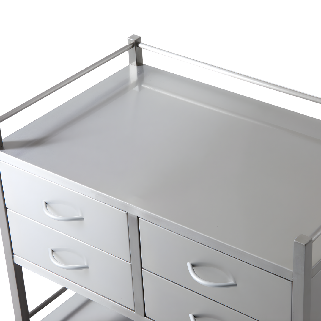 Stainless Steel Double Trolley Four Drawer Two Over Two with durable finish, organised layout and smooth mobility, ideal for hospitals, aged care and home care.