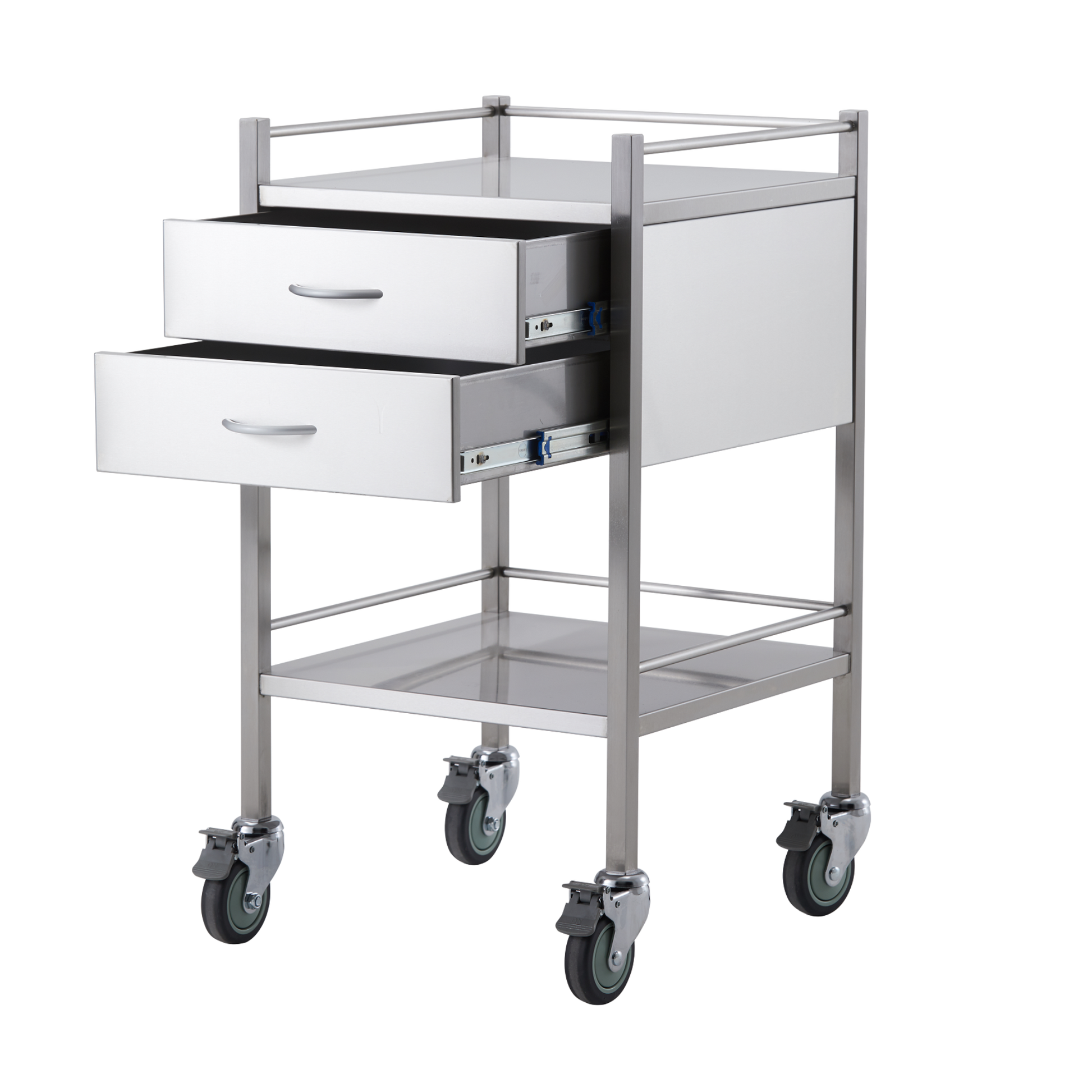 Stainless Steel Trolley Two Drawer with durable stainless steel finish and two drawers for organised storage. Ideal for hospitals, aged care and home care.