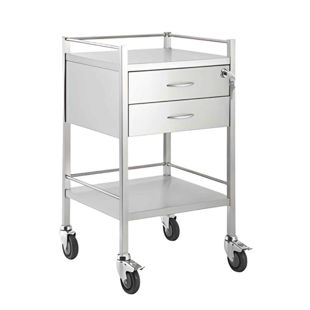 Stainless Steel Trolley Two Drawer with durable stainless steel finish and two drawers for organised storage. Ideal for hospitals, aged care and home care.