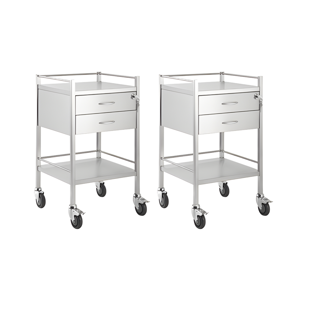 Stainless Steel Trolley Two Drawer with durable stainless steel finish and two drawers for organised storage. Ideal for hospitals, aged care and home care.