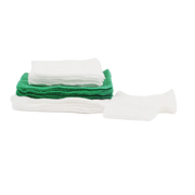 Sterile gauze swabs in assorted sizes and colors (white and green). High-quality cotton material for wound dressing and surgical use.
