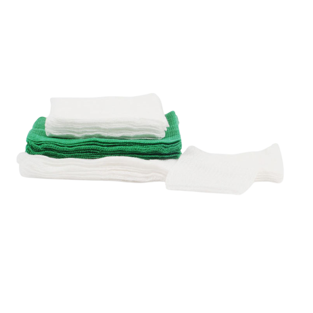 Sterile gauze swabs in assorted sizes and colors (white and green). High-quality cotton material for wound dressing and surgical use.
