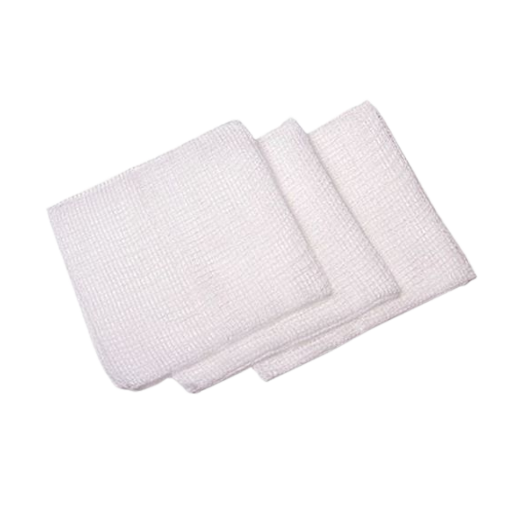 Sterile gauze swabs made of 100% white cotton, size 10cm x 10cm, 8-ply. Ideal for wound dressing and medical use.
