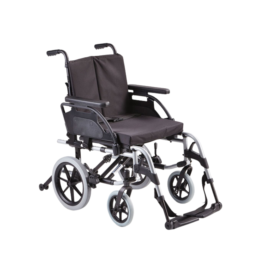 Sunrise Medical Breezy BasiX 2 Half Folding Wheelchair in 16" and 20" sizes, available in transit and self-propelled models for everyday mobility support.