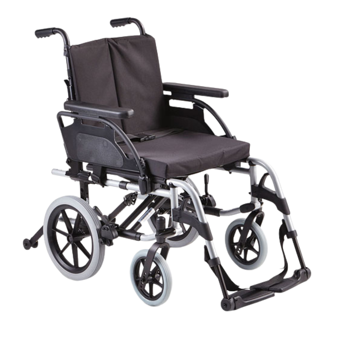 Sunrise Medical Breezy BasiX 2 Half Folding Wheelchair in 16" and 20" sizes, available in transit and self-propelled models for everyday mobility support.