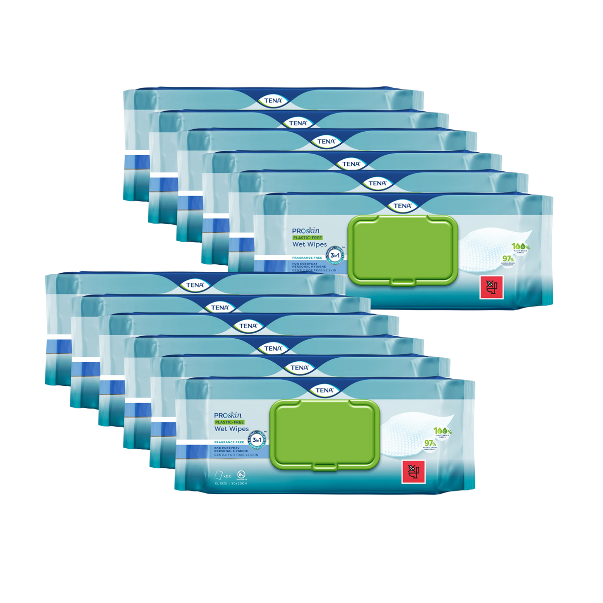 Bulk carton quantity display featuring 12 blue and white packs of TENA ProSkin Plastic-Free Wet Wipes arranged in two stepped rows on a transparent background.