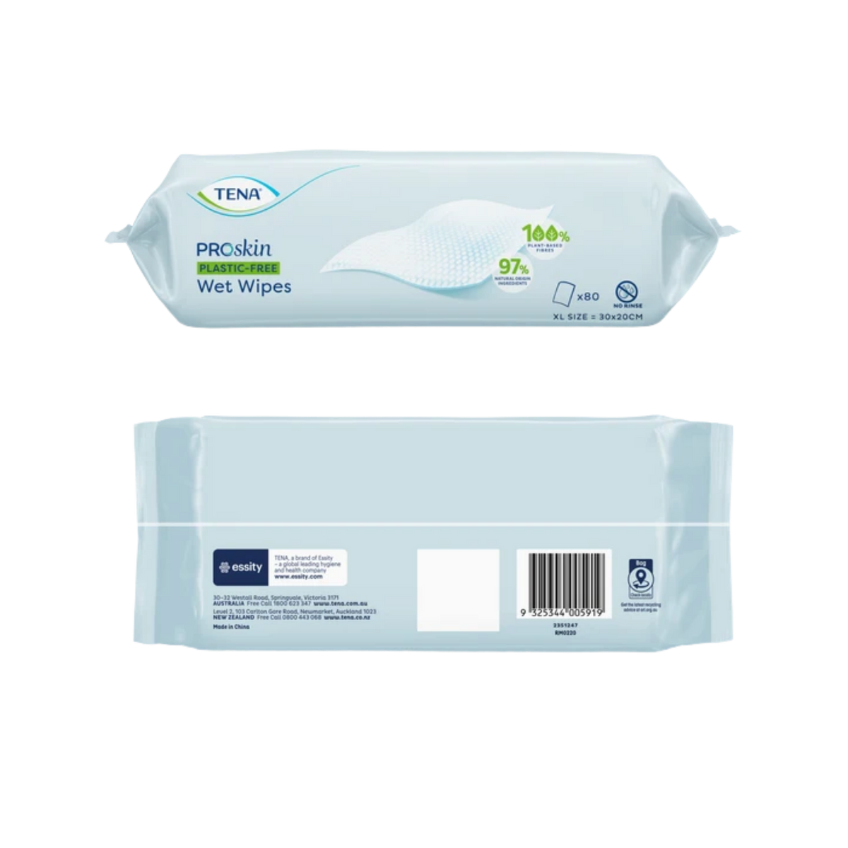 Front and back packaging layout of TENA ProSkin Plastic-Free Wet Wipes 80-pack, displaying product details, barcode, manufacturer information, and 100% plant-based fibers callout on a transparent background.