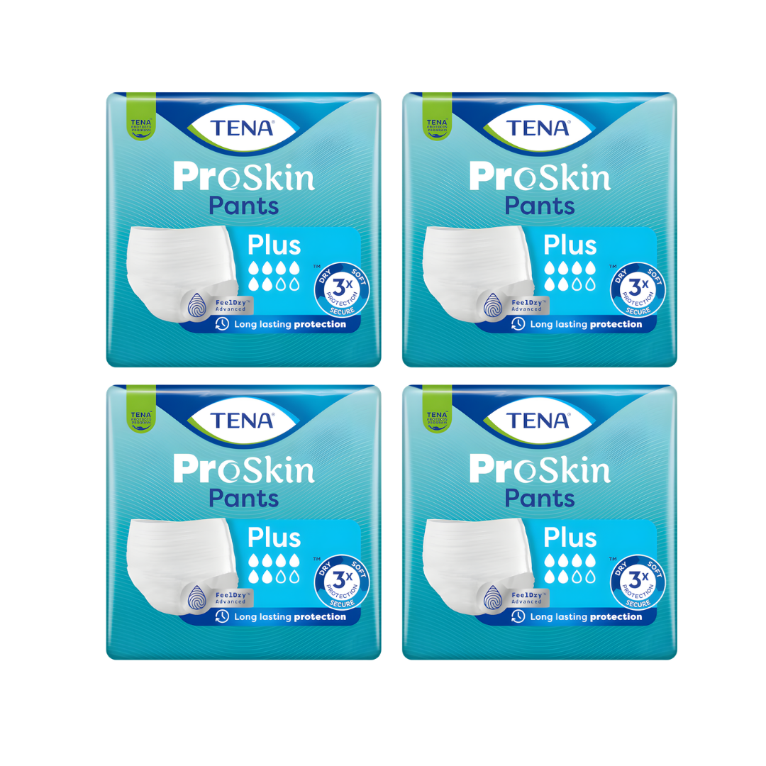 Soft, breathable TENA ProSkin Pants Plus pull-up underwear providing secure, comfortable protection for moderate to heavy incontinence in multiple adult sizes.