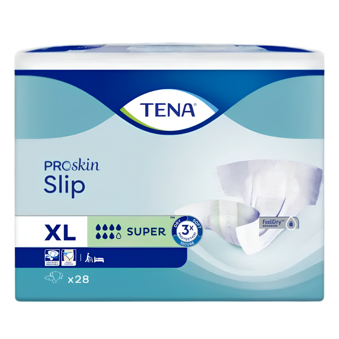  TENA ProSkin Slip Super Extra Large adult incontinence brief with adjustable tabs, breathable materials, and advanced absorbency for skin health.