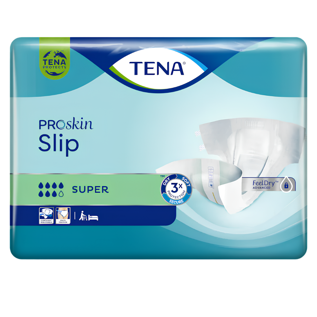  TENA ProSkin Slip Super Extra Large adult incontinence brief with adjustable tabs, breathable materials, and advanced absorbency for skin health.