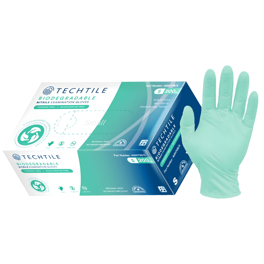 Blue Techtile nitrile powder‑free chemo‑rated examination gloves in multiple sizes, providing durable chemical resistance and reliable protection for clinical use.