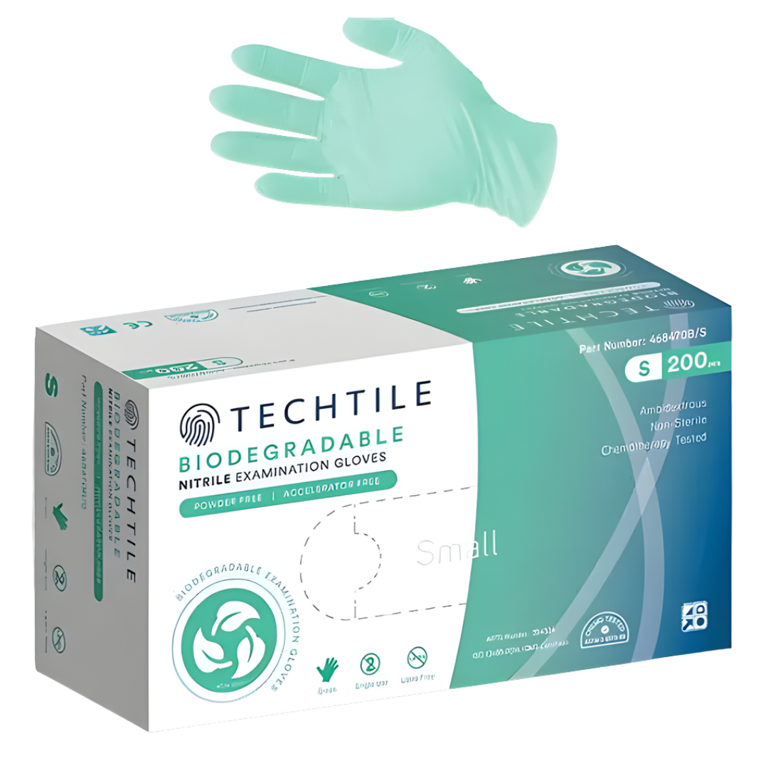 Biodegradable green Techtile nitrile gloves in assorted sizes, offering durable protection, comfort, and eco‑friendly disposal for healthcare and general tasks.