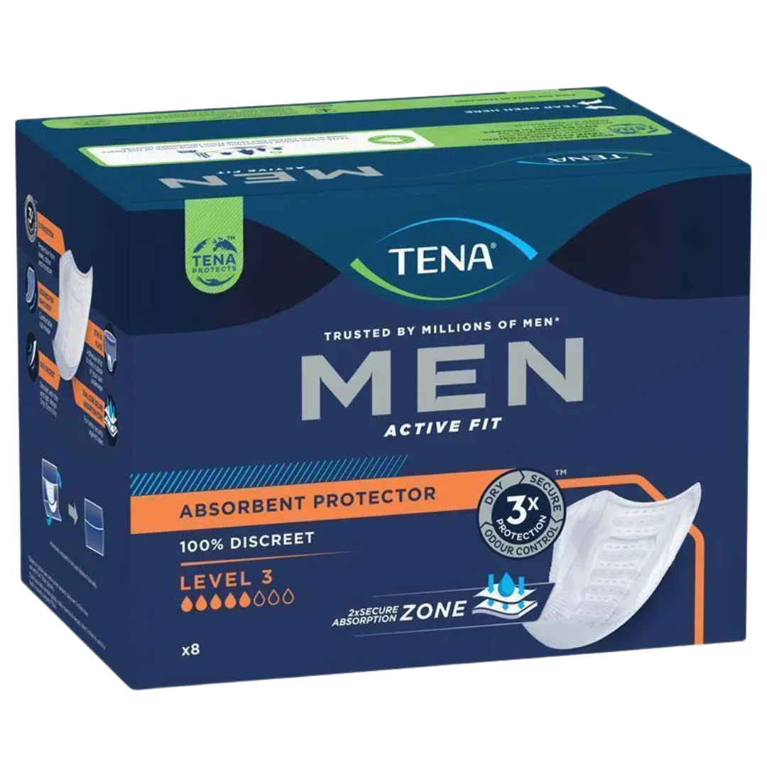 TENA Men Active Fit Level 3 Absorbent Protector Pads – discreet, high-absorbency incontinence pads for men.