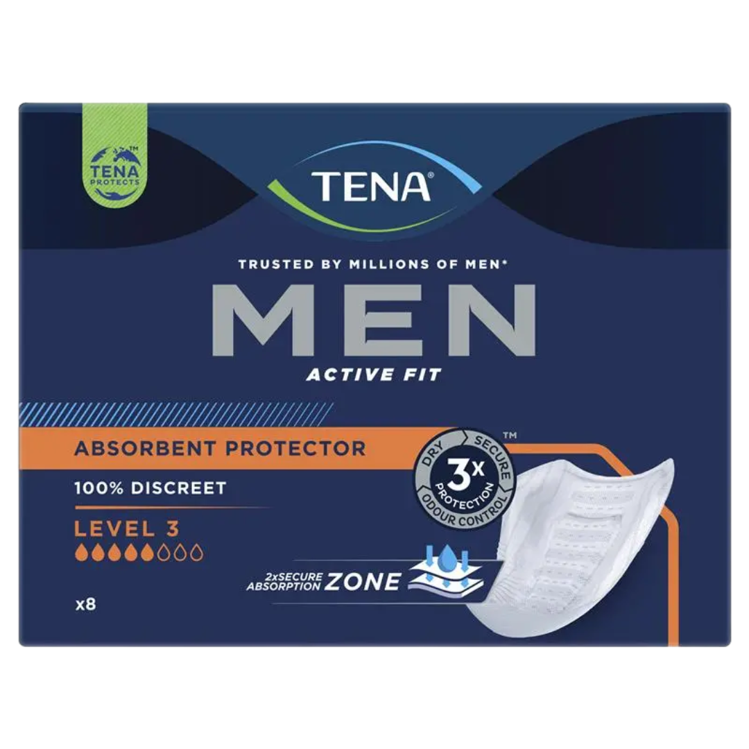 TENA Men Active Fit Level 3 Absorbent Protector Pads – discreet, high-absorbency incontinence pads for men.