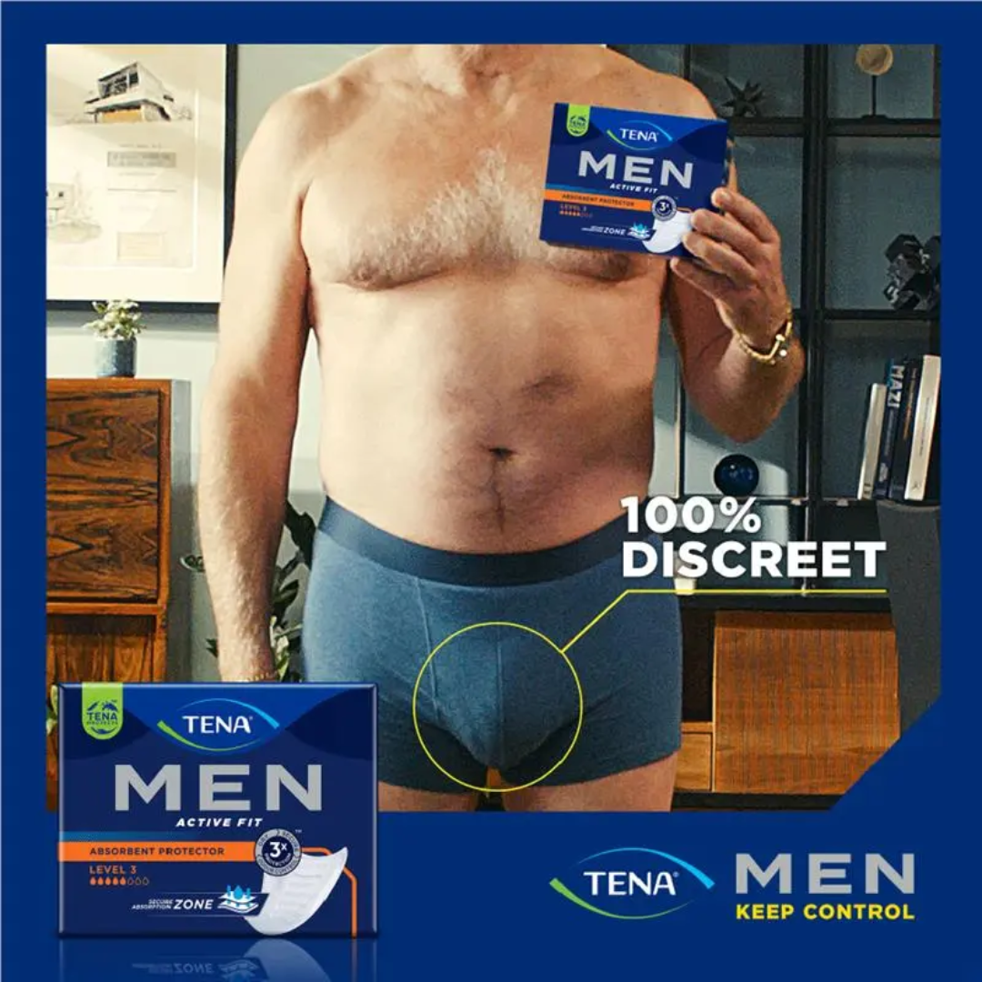 TENA Men Active Fit Level 3 Absorbent Protector Pads – discreet, high-absorbency incontinence pads for men.