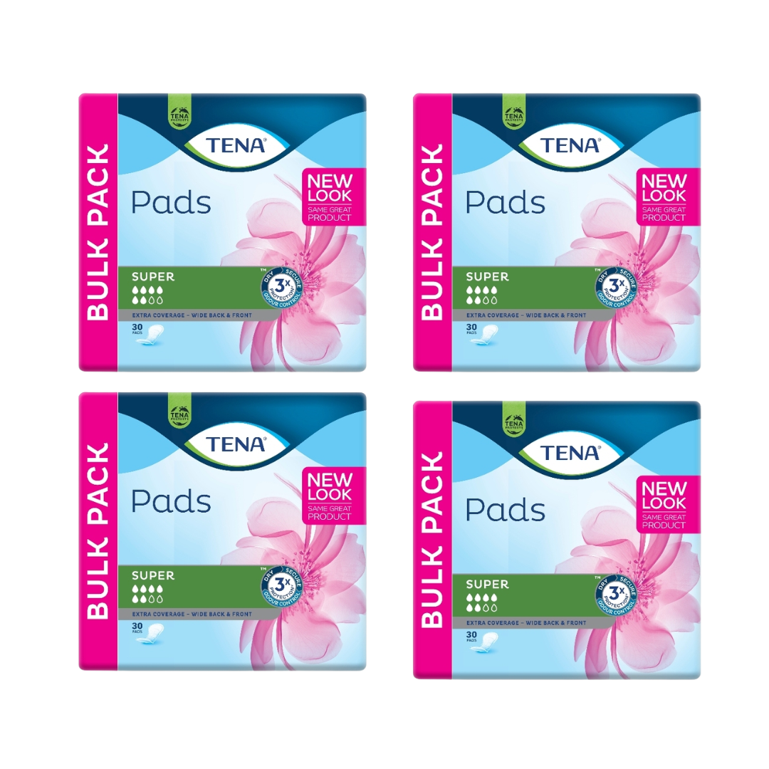 Multipack of 4 identical bulk packages of Tena Pads Super Incontinence Pads - Each contains 30 count - 5-Drop Absorbency - Triple Protection (Dry - Secure - Odour Control) - New Look.