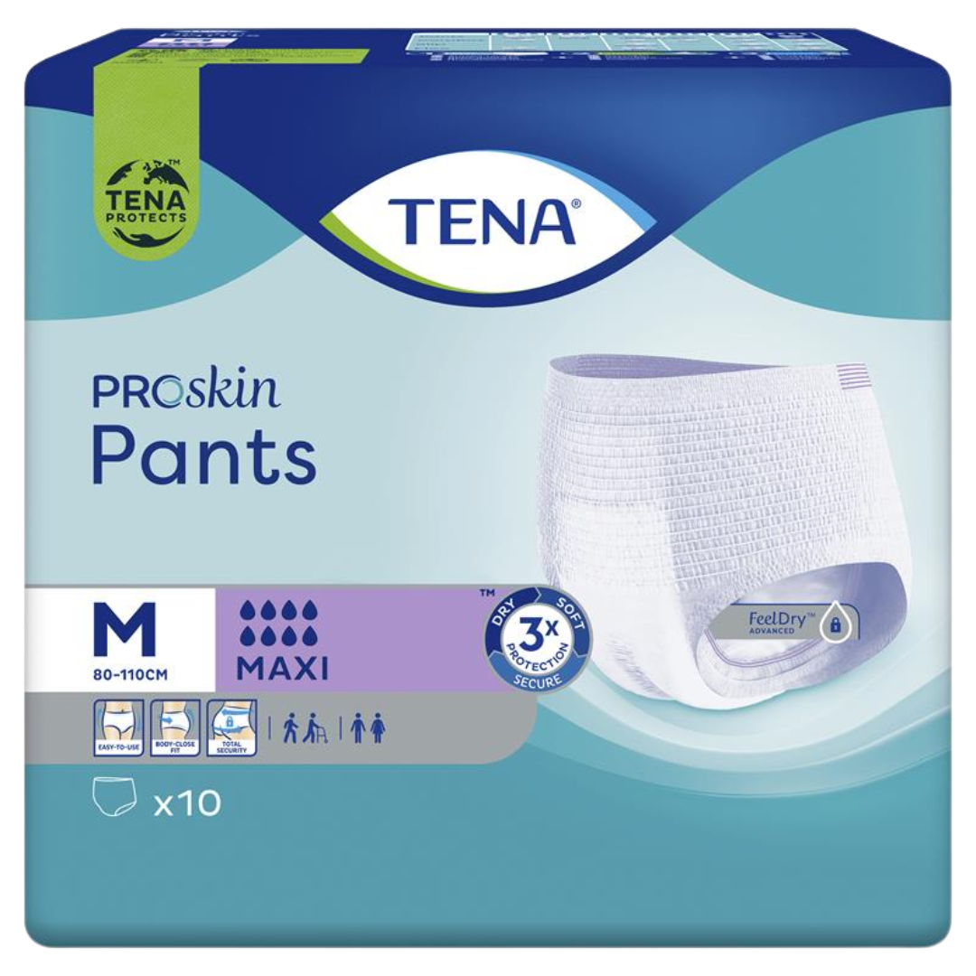 TENA Pants ProSkin Maxi Medium disposable incontinence underwear for 80–110cm waist, featuring breathable fabric and high absorbency for day or night protection.