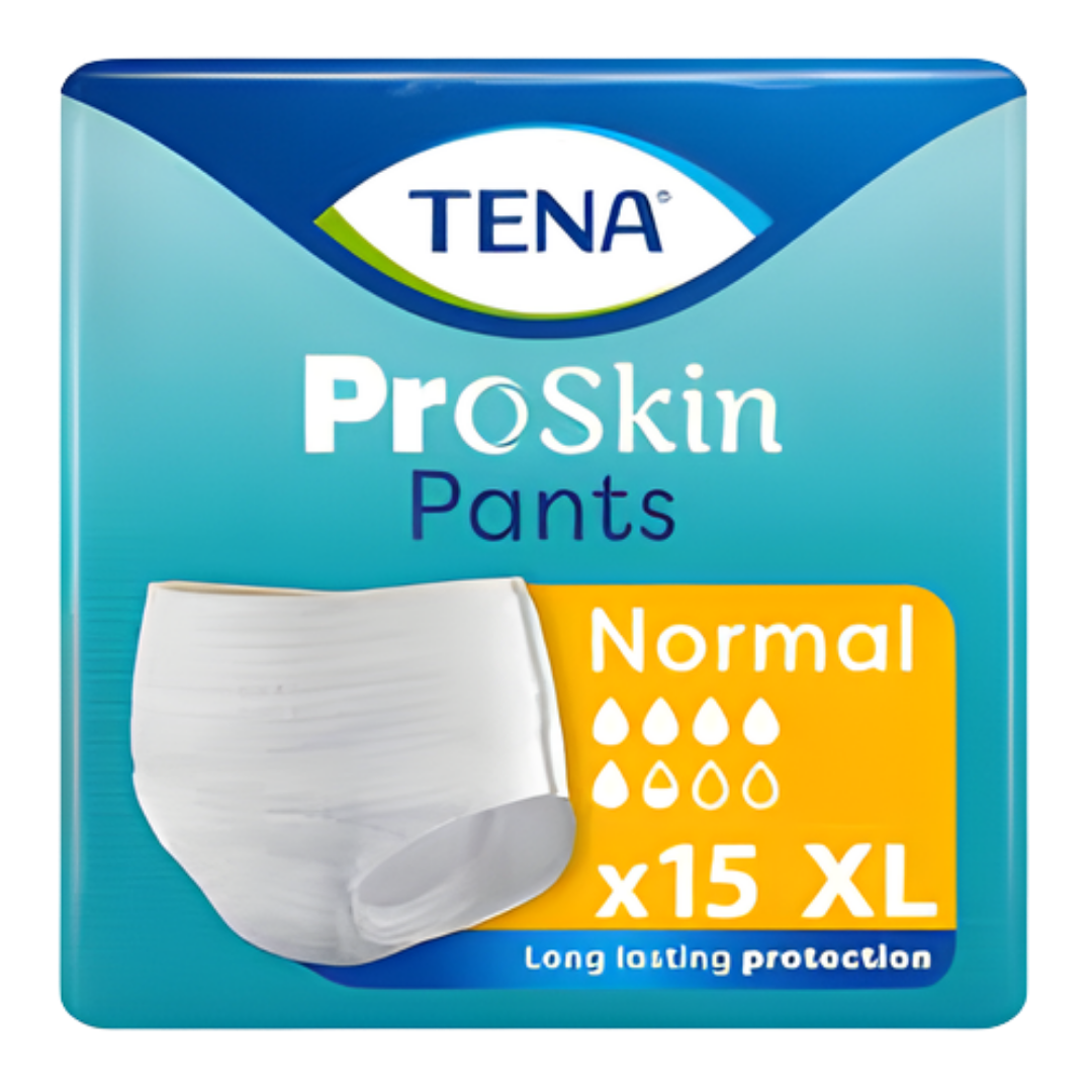 Tena Pants Proskin Normal disposable pull-up pants in Medium, Large, and Extra Large sizes, providing discreet absorbent protection for daily continence care.