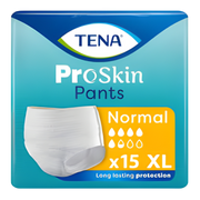 Tena Pants Proskin Normal disposable pull-up pants in Medium, Large, and Extra Large sizes, providing discreet absorbent protection for daily continence care.