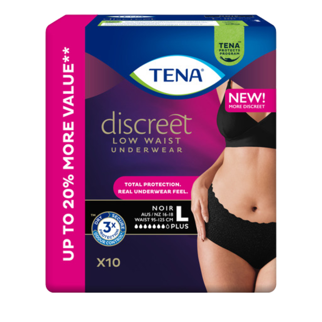 TENA Pants Women Discreet Noir Large – black, absorbent incontinence underwear with feminine fit, triple protection, and breathable fabric.