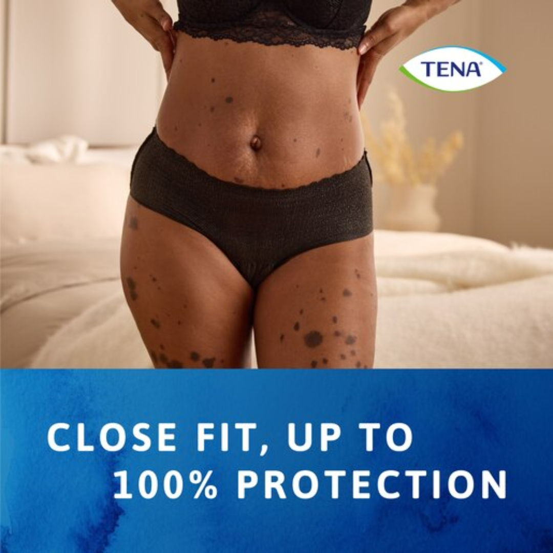 TENA Pants Women Discreet Noir Large – black, absorbent incontinence underwear with feminine fit, triple protection, and breathable fabric.