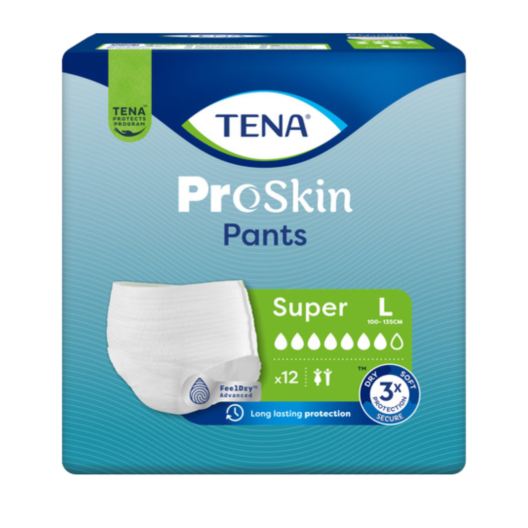 TENA ProSkin Pants Super Large shown in packaging and open view, featuring pull-up design, soft fabric, and high absorbency for heavy incontinence.