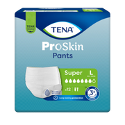 TENA ProSkin Pants Super Large shown in packaging and open view, featuring pull-up design, soft fabric, and high absorbency for heavy incontinence.