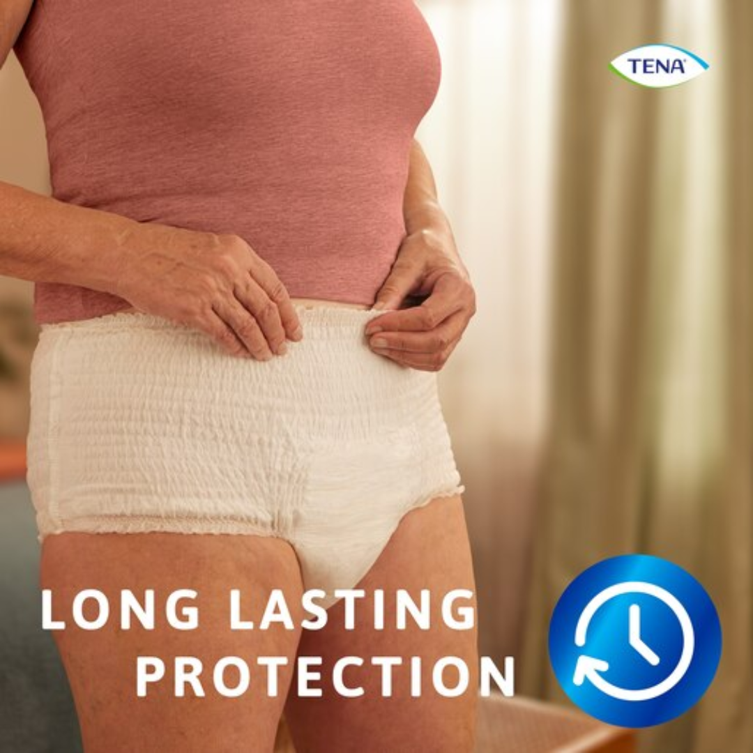 TENA ProSkin Pants Super Large shown in packaging and open view, featuring pull-up design, soft fabric, and high absorbency for heavy incontinence.