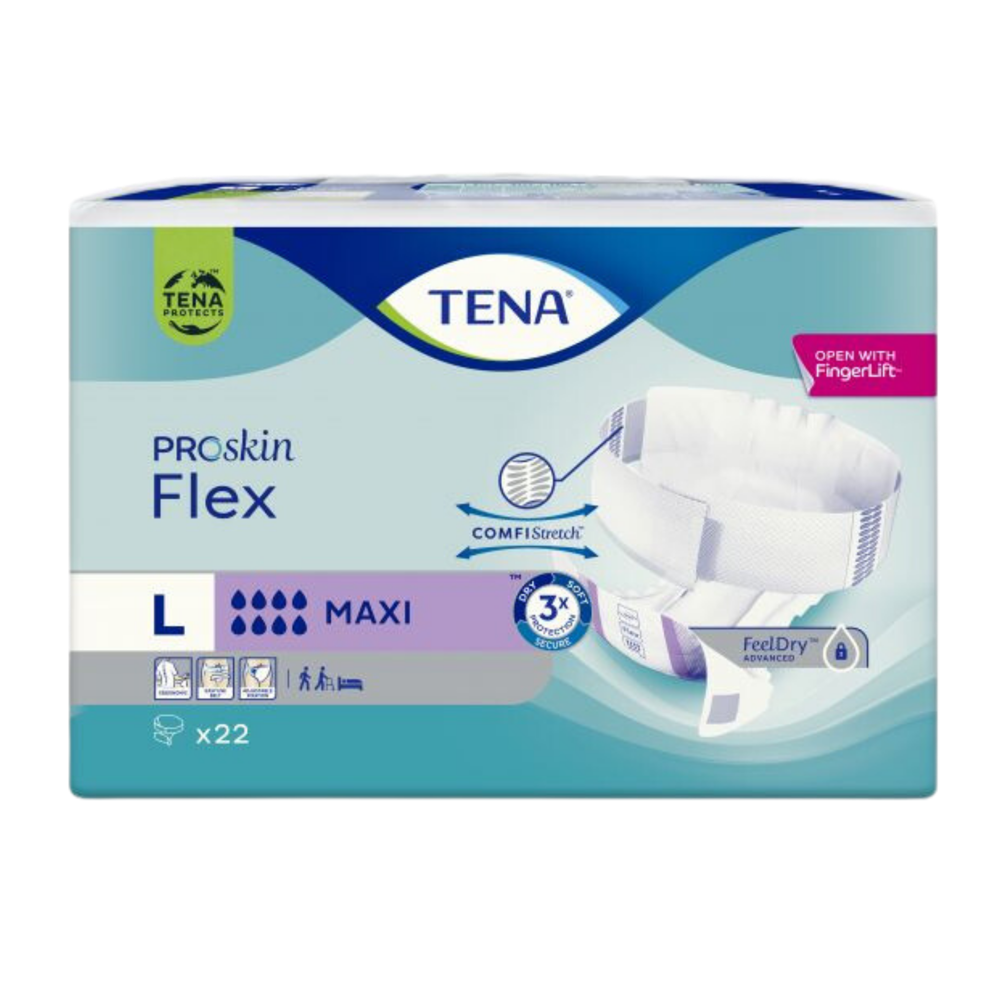 Tena Flex Proskin Maxi continence product with flexible belt system, designed for heavy incontinence care, comfort, and skin health in aged care settings.