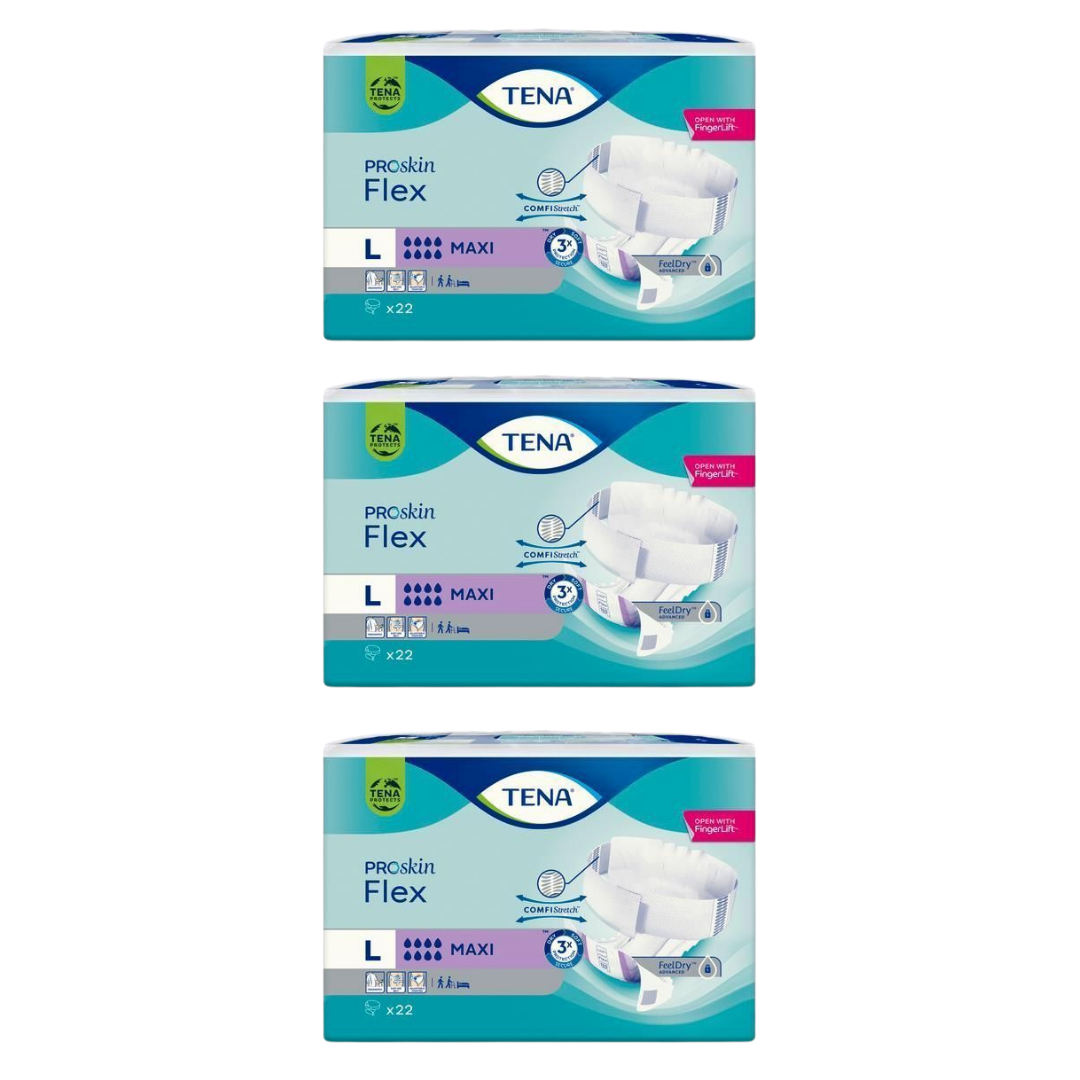 Tena Flex Proskin Maxi continence product with flexible belt system, designed for heavy incontinence care, comfort, and skin health in aged care settings.