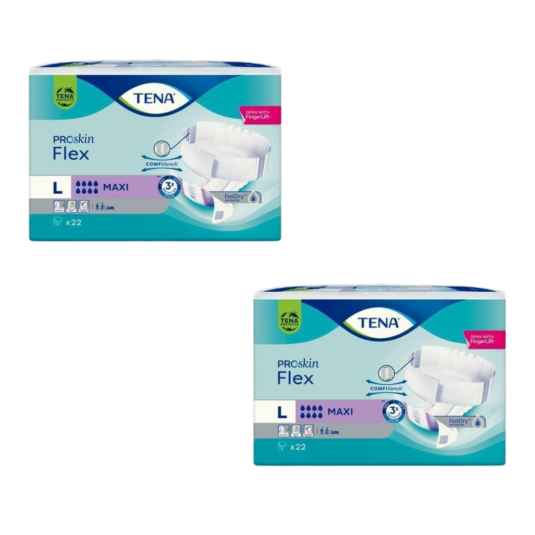 Tena Flex Proskin Maxi continence product with flexible belt system, designed for heavy incontinence care, comfort, and skin health in aged care settings.