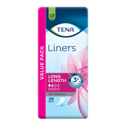 Tena Liners Long Length provide discreet, breathable protection with extra coverage for light bladder leakage, ensuring comfort and confidence daily.