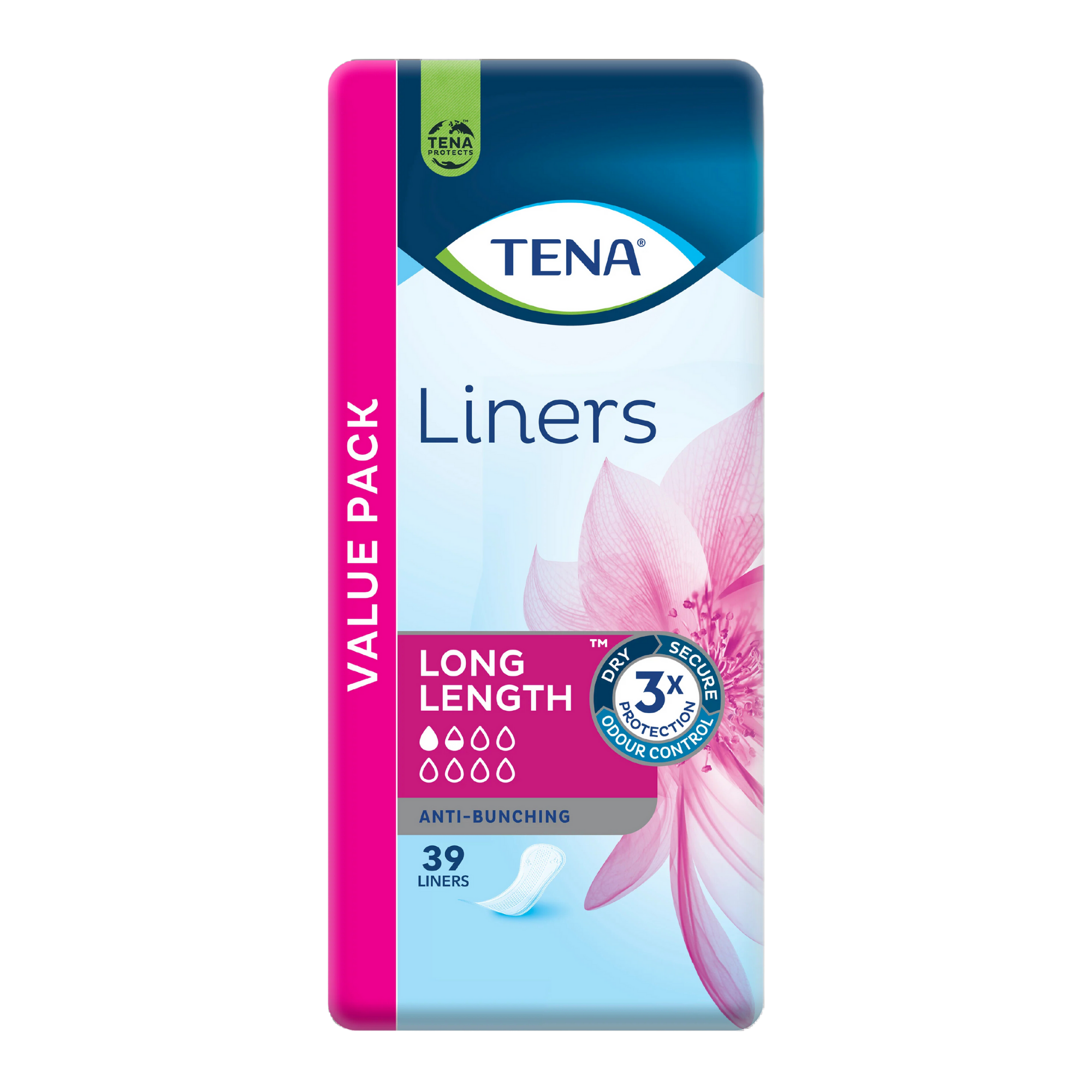 Tena Liners Long Length provide discreet, breathable protection with extra coverage for light bladder leakage, ensuring comfort and confidence daily.