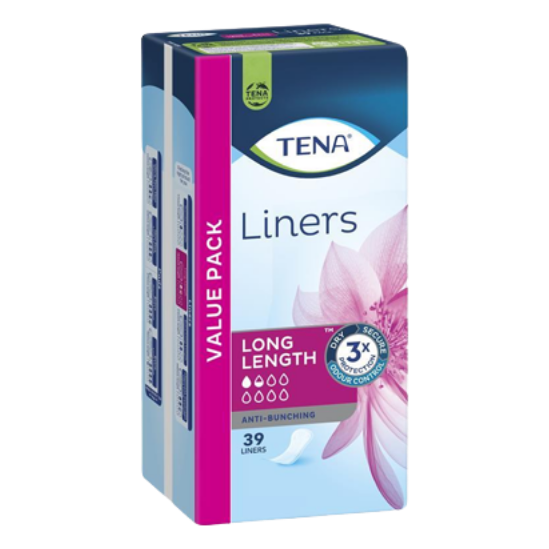 Tena Liners Long Length provide discreet, breathable protection with extra coverage for light bladder leakage, ensuring comfort and confidence daily.