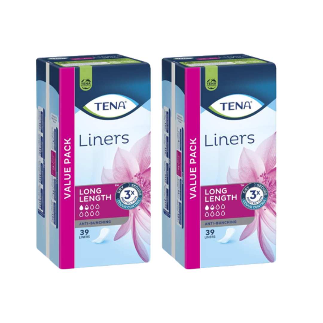 Tena Liners Long Length provide discreet, breathable protection with extra coverage for light bladder leakage, ensuring comfort and confidence daily.