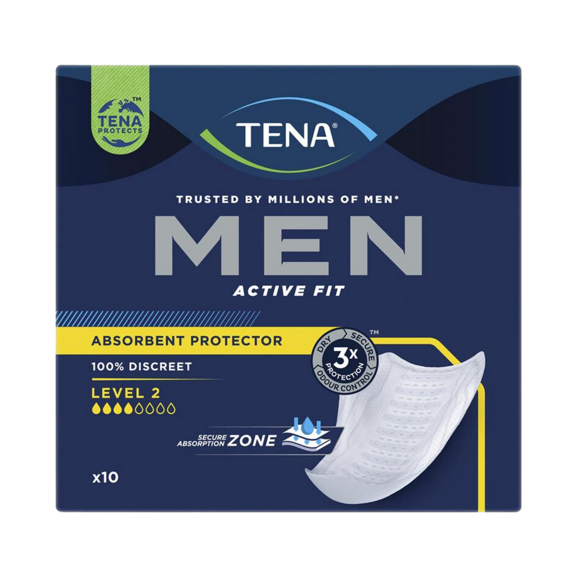 Tena Men Active Fit Absorbent Protector Level 2, discreet male-specific design with moderate absorbency, odour control, and secure fit for everyday bladder leakage.