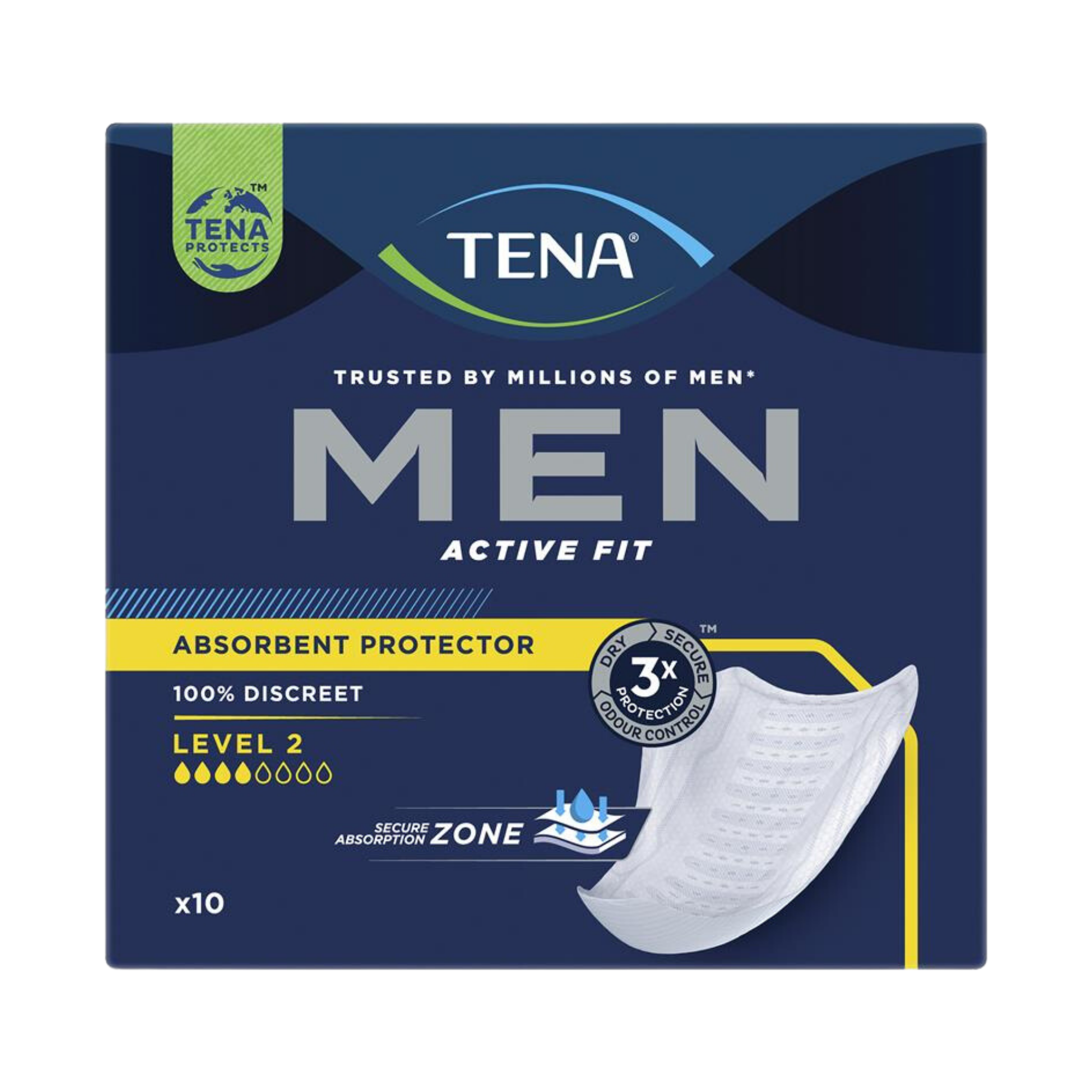 Tena Men Active Fit Absorbent Protector Level 2, discreet male-specific design with moderate absorbency, odour control, and secure fit for everyday bladder leakage.