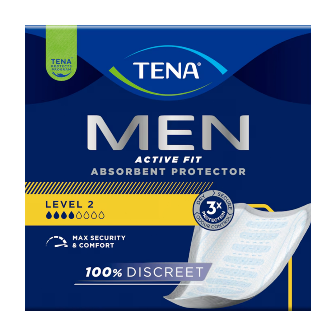 Tena Men Active Fit Absorbent Protector Level 2, discreet male-specific design with moderate absorbency, odour control, and secure fit for everyday bladder leakage.
