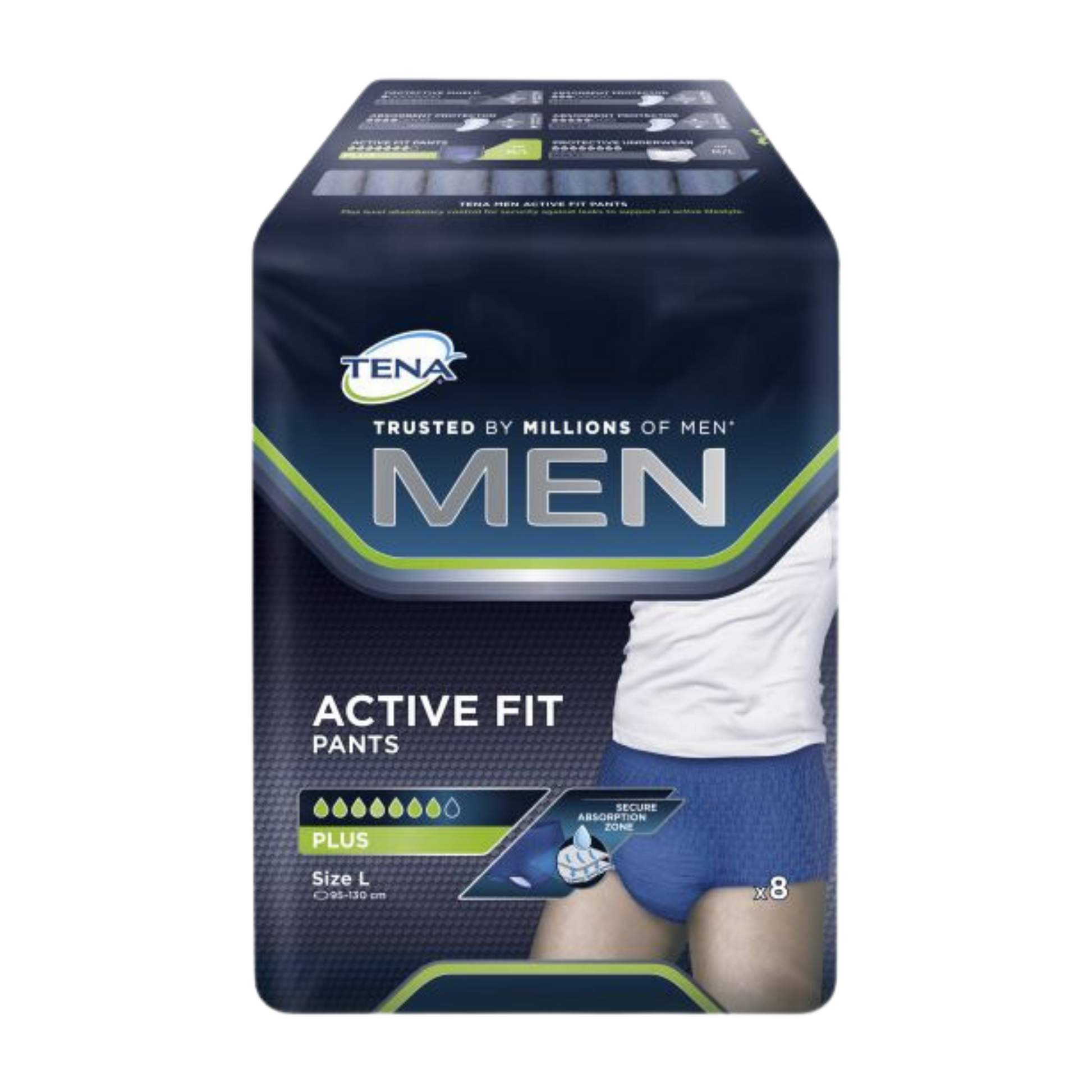 Tena Men Pants Active Fit Plus Large/Extra Large, discreet continence protection designed for men with secure fit, high absorbency, and odour control.