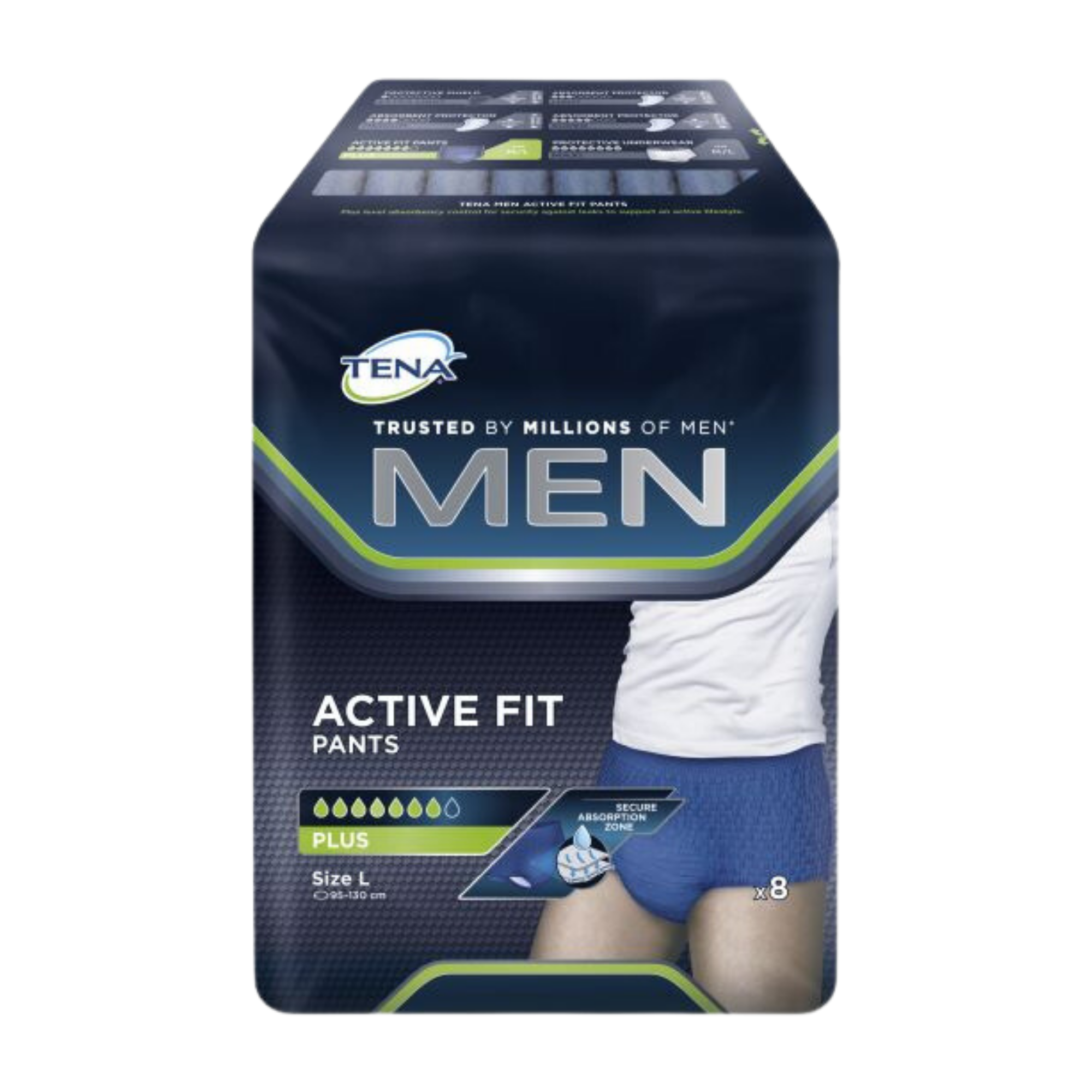 Tena Men Pants Active Fit Plus Large/Extra Large, discreet continence protection designed for men with secure fit, high absorbency, and odour control.