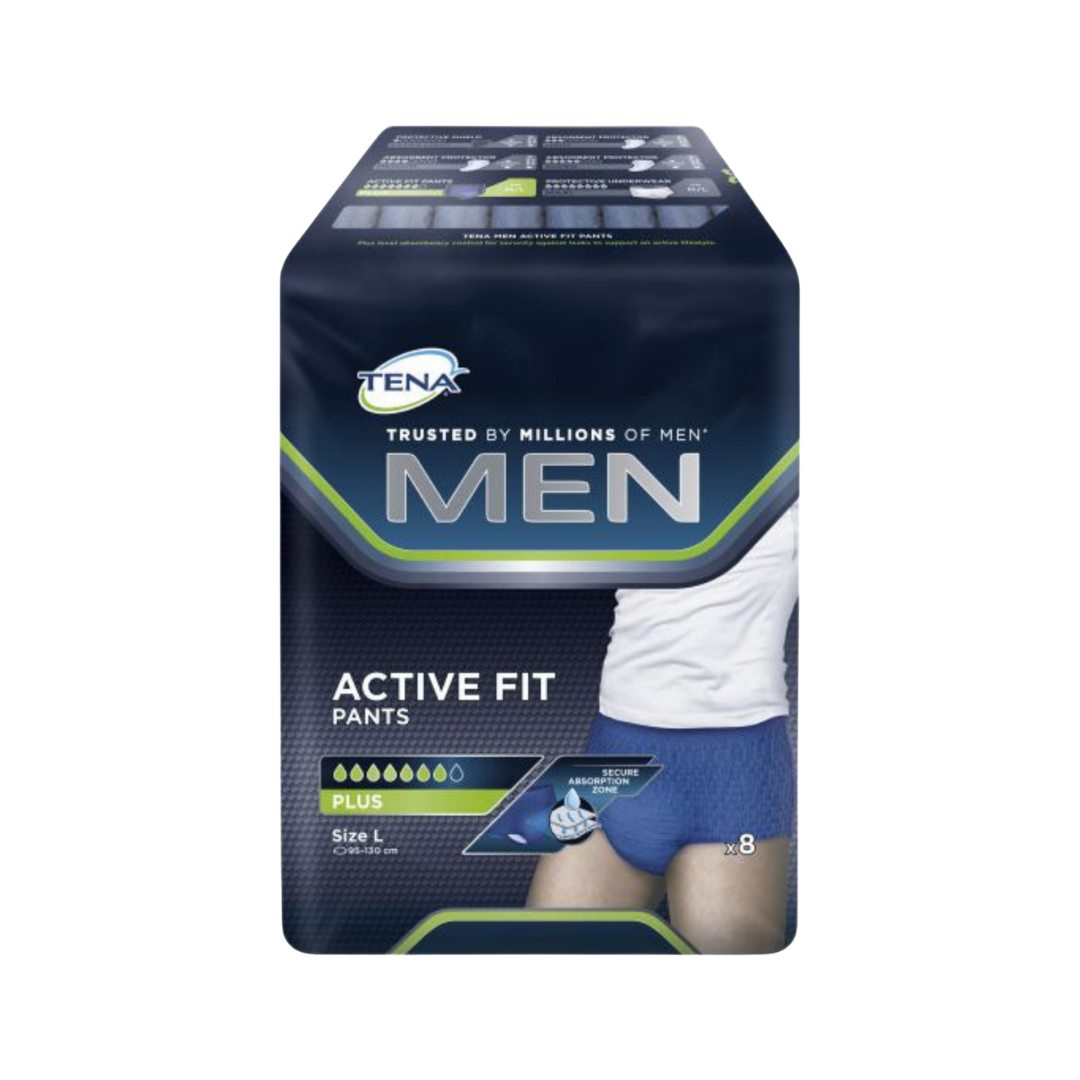 Tena Men Pants Active Fit Plus Large/Extra Large, discreet continence protection designed for men with secure fit, high absorbency, and odour control.