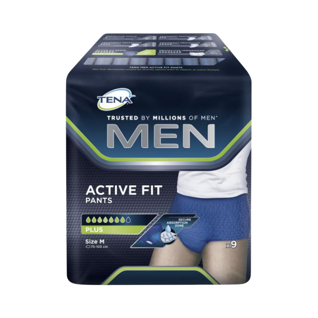Tena Men Pants Active Fit Plus Small/Medium, discreet continence pants designed for men with secure fit, absorbency, odour control, and comfort.