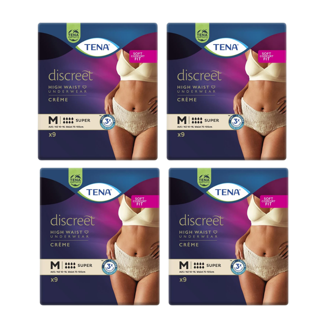 Tena Pants Discreet Super High Waist Creme Medium provide secure, breathable protection with discreet design and comfort for moderate bladder leakage.