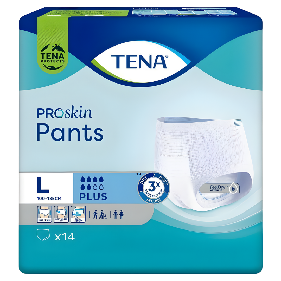 Tena Pants ProSkin Plus in large size, soft disposable incontinence pants offering discreet, comfortable protection with breathable materials for daily continence care.