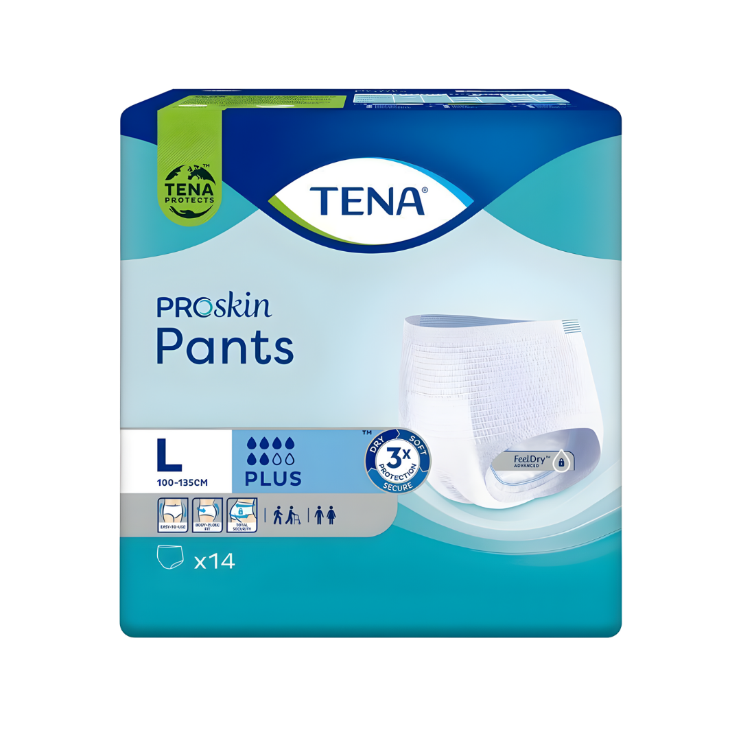 Tena Pants ProSkin Plus in large size, soft disposable incontinence pants offering discreet, comfortable protection with breathable materials for daily continence care.