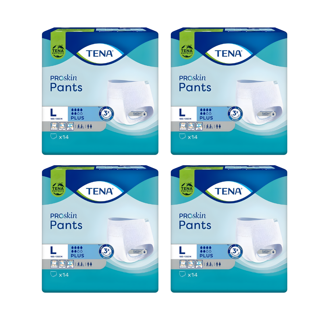 Tena Pants ProSkin Plus in large size, soft disposable incontinence pants offering discreet, comfortable protection with breathable materials for daily continence care.