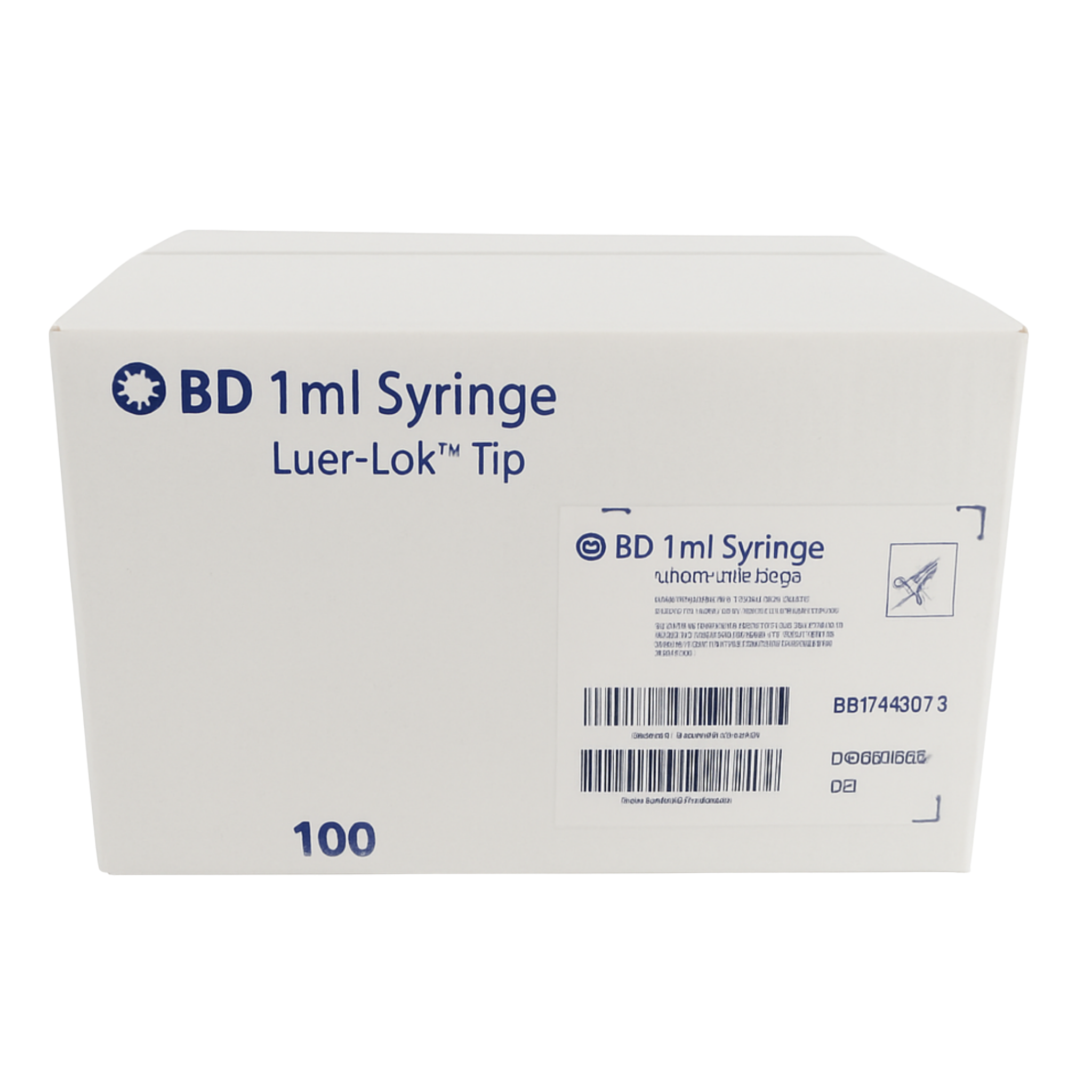 BD 1ml syringe box with Luer-Lok tip, sterile medical syringes, 100 count packaging.