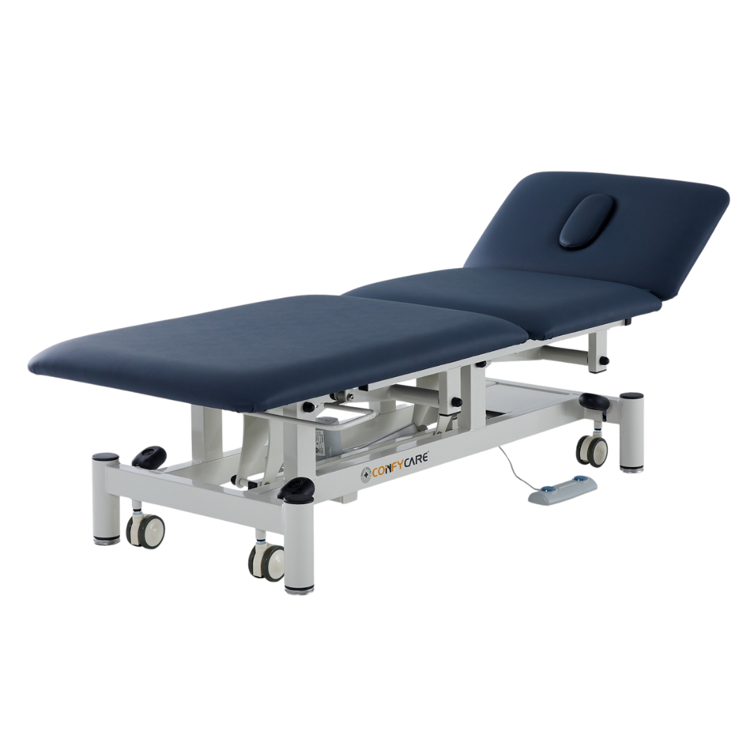 Three Section Physio Treatment Couch with electric height adjustment and ergonomic padding, ideal for clinical and physiotherapy use.