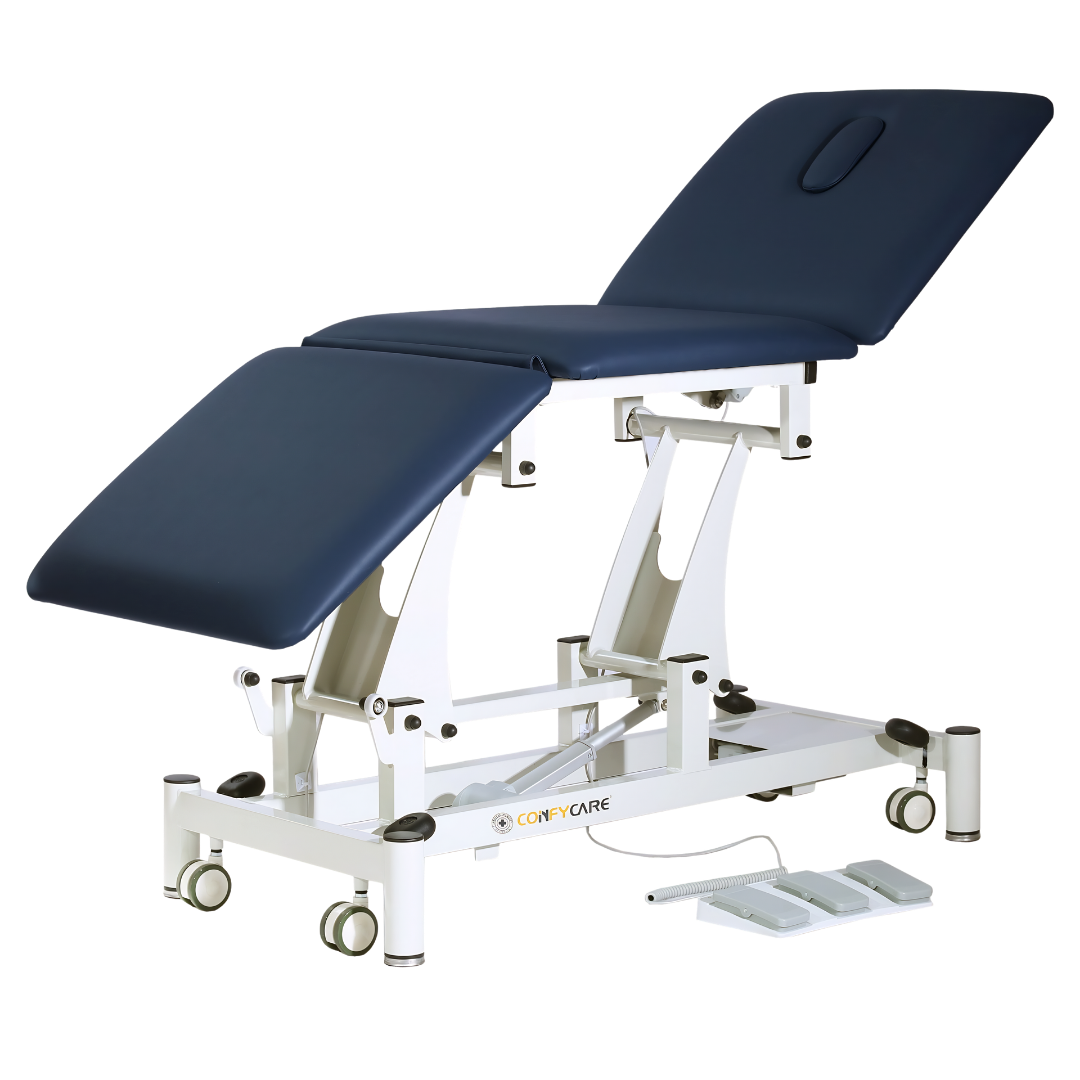 Three section all electric treatment couch in navy blue with smooth motorised adjustments, durable PVC upholstery, and 250kg safe weight capacity.